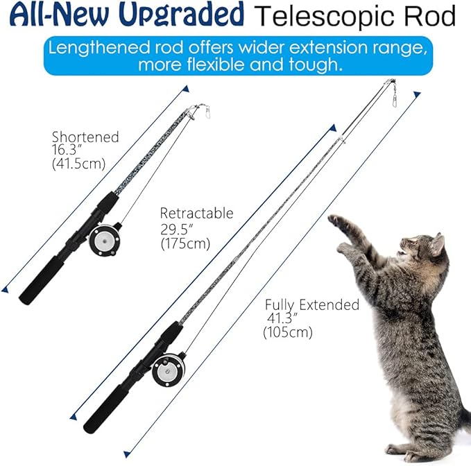 Pawaboo Interactive Cat Toy, Retractable Cat Fishing Rod with 3 Replacement Fishing Lures Made of Feathers and Bells, Adjustable Line Length, Feather Teaser for Cats, Kittens, Fun, Blue