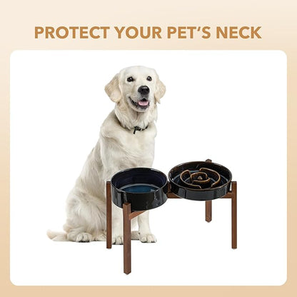 Ceramic 3.2 Cup Raised Slow Feeder Dog Bowl Set, Elevated 8.2inch Bowl and 9.5inch Dish with Acacia Wood Stand for Large Dog, Stop Bloat(2 x Starry Sky+ Stand)