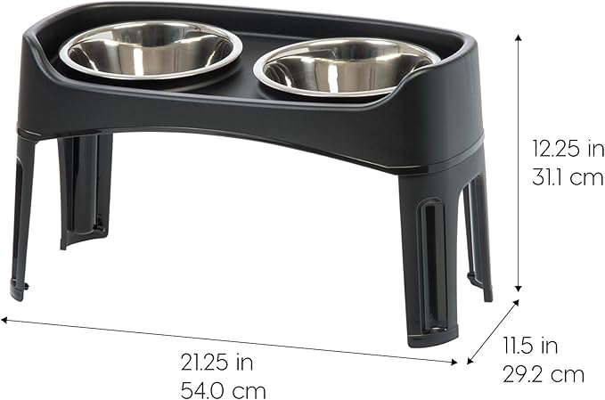 IRIS USA Adjustable Elevated Dog Bowls, Raised Feeder with 2 Stainless Steel 64 oz Bowls, Spill-Guard Rim, 12.25" or 4.63" Heights, Durable Plastic, Made in USA, Black