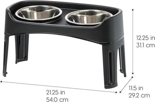 IRIS USA Adjustable Elevated Dog Bowls, Raised Feeder with 2 Stainless Steel 64 oz Bowls, Spill-Guard Rim, 12.25" or 4.63" Heights, Durable Plastic, Made in USA, Black
