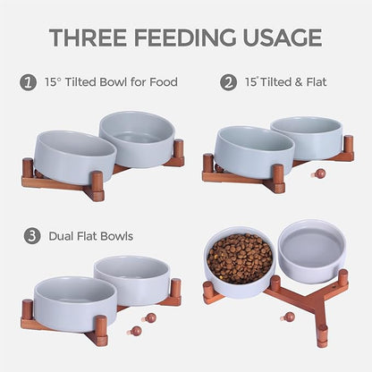 Ceramic Dog Bowl and Cat Bowls Set with 15° Adjustable Wood Stand, Non-Slip Weighted Pet Food and Water Bowls, Dual Raised Feeder for Small Dogs, Matte Glaze Pet Dish 13.5oz Set of 2 (Gray & Chestnut)