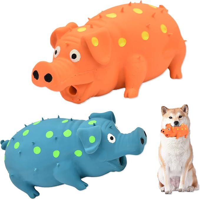 Pig Squeaky Dog Toy, 2 PCS Interactive Rubber Dog Chew Toy - Durable Latex Spot Grunting Pig Toys that Oink for Small Medium Large Dogs (Orange, Blue)