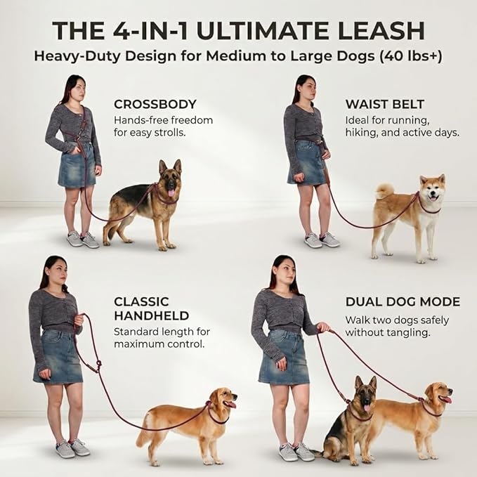 Tails & Tales Hands Free Dog Leash for Walking Running Training, Adjustable Lead Up to 9.8ft, Dogs Up to 125lbs, Crossbody, Dual Handle, Multifunctional, Double Attachment for 2 Dogs (Winery Red)