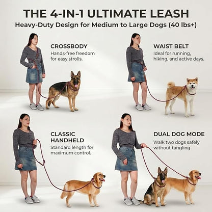 Tails & Tales Hands Free Dog Leash for Walking Running Training, Adjustable Lead Up to 9.8ft, Dogs Up to 125lbs, Crossbody, Dual Handle, Multifunctional, Double Attachment for 2 Dogs (Winery Red)