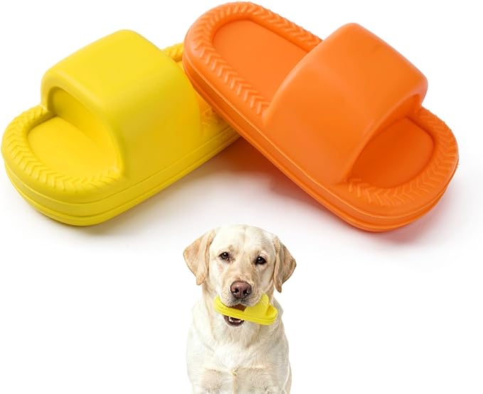 MECOOL Dog Toy 2PCS Unbreakable Slippers Squeaky Dog Toys for Teehing Chewing Size for Medium and Samll Breeds,Yellow and Orange