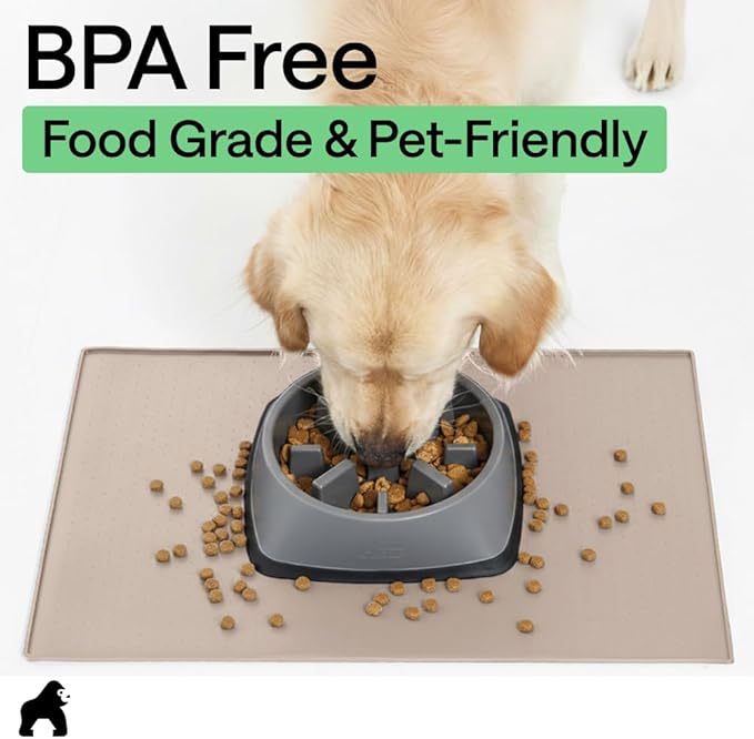 GORILLA GRIP 100% Waterproof Raised Edge BPA Free Silicone Pet Feeding Mat, Dog Cat Food Mats Contain Spills Protects Floors, Placemats for Cats and Dogs Water Bowl, Pets Accessories 18.5x11.5 Cream