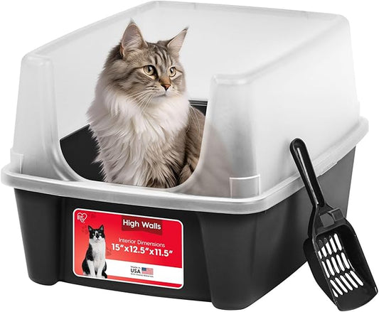 IRIS USA Large Open Top Cat Litter Box with High Sided Walls Tall Scatter Shield Scoop Included Easy Clean Plastic Pan Stain Resistant for Big Cats Kittens Indoor Multi-Cat Households