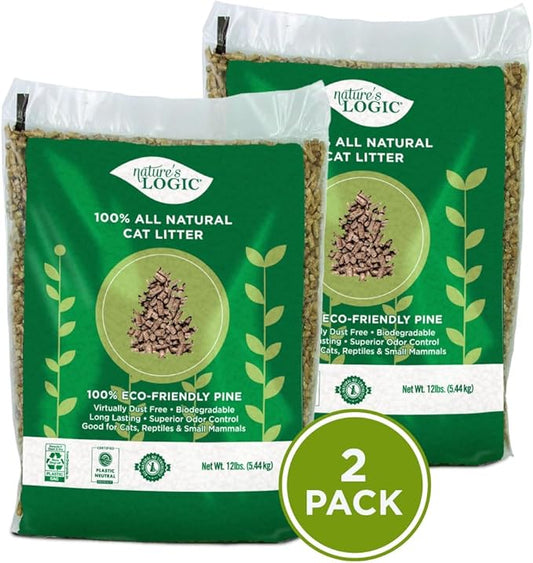 Nature's Logic 100% Natural Pine Pellet Cat Litter - 100% Ponderosa Pine, Dust-Free, Unscented, Biodegradable - Safe for Cats, Kittens, Reptiles & Small Pets - Highly Absorbent - 24lb (2,12lb)