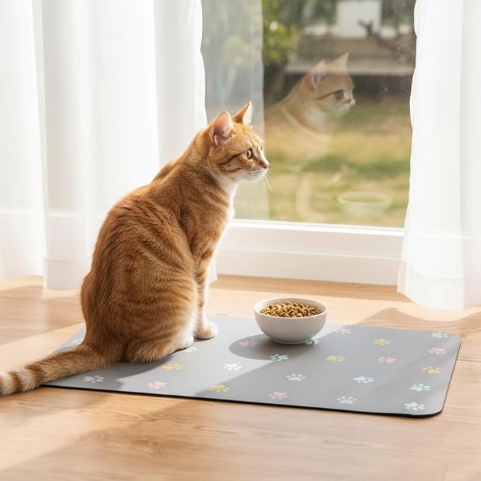 Cat Food Mat Absorbent Dog Mat for Food and Water Non Slip Quick Dry Dog Bowl Mats for Floors 19" X 12" Paw Light Gray