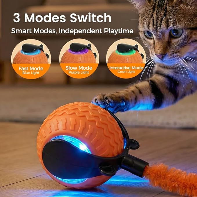 Interactive Toys for Cats, 2026 New Interactive Cat Toy Ball, Automatic Moving Cat Toy for Indoor Use, Rechargeable Feather Tail Cat Toy with Stimulation for Small Medium Large Cats (2 * Orange)