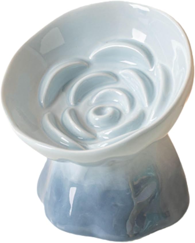 Elevated Ceramic Cat Bowl, Tilted Slow Feeder Pet Dish with Gradient Color Coating, 3.3 Ounces Capacity, Anti-Gulping Design with Rose Bouquet Design (Gradient Blue)