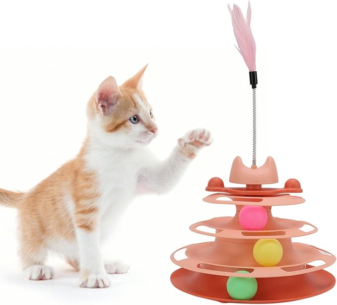 Cat Turntable Ball Toy, 4 Level Interactive Kitten Track Roller Exercise Toy with Feather Stick, Cats Toys Tower Cat Puzzle Toy Suitable for Interactive Kittens Chase Exercise