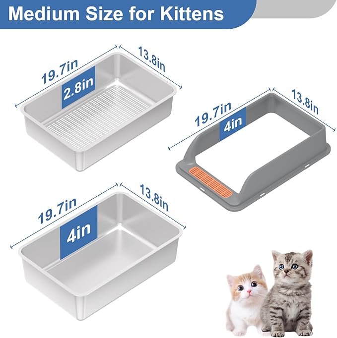 Stainless Steel Sifting Litter Box with Lid, Medium Sifting Cat Litter Box for Pine Pellets & Big Cats,Metal Pellet Sifter Litter Pan System for Odor Control,Sifting Box Liners & Scoop
