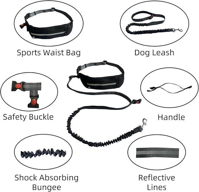 FJ Four Joys Hands Free Dog Leash with Zipper Pouch, Waist Leash for Dog Walking with Shock Absorbing Bungee for Walking, Jogging and Running (Black)