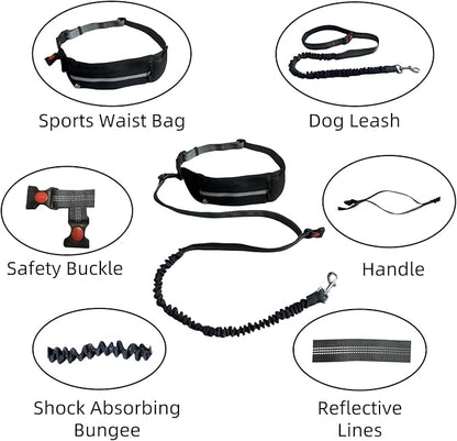 FJ Four Joys Hands Free Dog Leash with Zipper Pouch, Waist Leash for Dog Walking with Shock Absorbing Bungee for Walking, Jogging and Running (Black)