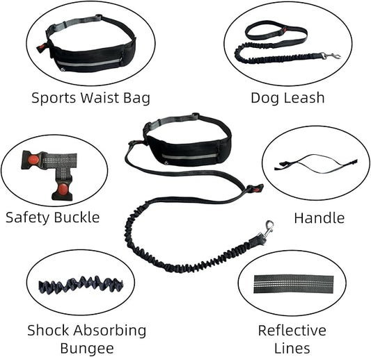 FJ Four Joys Hands Free Dog Leash with Zipper Pouch, Waist Leash for Dog Walking with Shock Absorbing Bungee for Walking, Jogging and Running (Black)