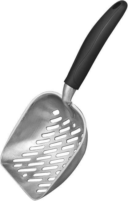 Cat Litter Scoop, Aluminum Alloy Sifter, Durable Metal Poop Scooper with Deep Shovel and Diagonal Holes, Long Ergonomic Handle, Black Handle for Easy Cleaning