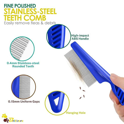 4 Pack Dog Grooming Comb, Pet Flea Lice Combs, Stainless Steel Cat Combs with Rounded Teeth, Double Sided Professional Pet Tear Stain Remover, Dematting Tool for Small, Medium & Large Pets
