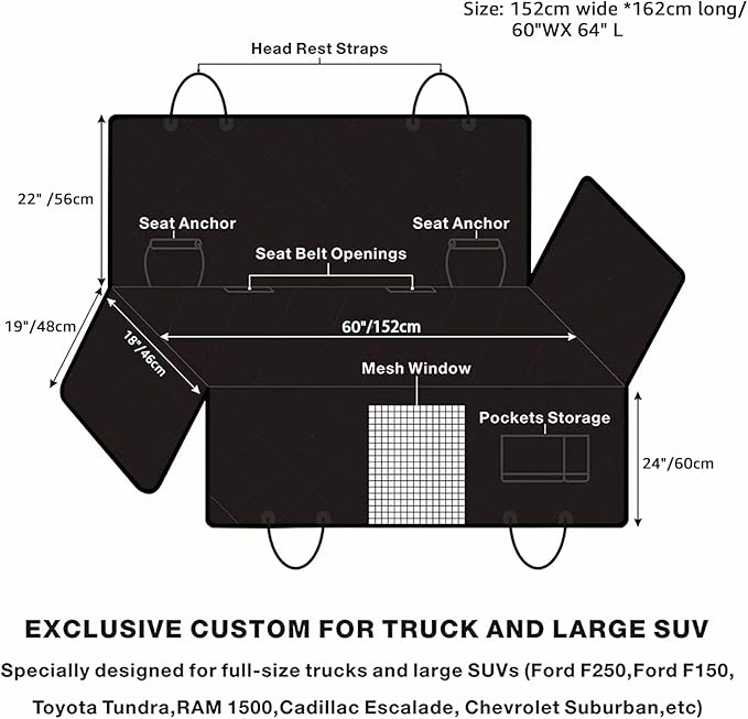 Truck Dog Seat Cover for Pickup Back Seat | Mesh Window & Seat Belt | 100% Waterproof Dog Hammock for Car Safe Travel with Side Door Protectors | Non-Slip, Scratchproof Pet Rear Seat Cover