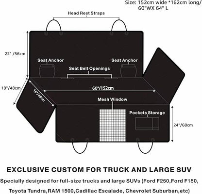 Truck Dog Seat Cover for Pickup Back Seat | Mesh Window & Seat Belt | 100% Waterproof Dog Hammock for Car Safe Travel with Side Door Protectors | Non-Slip, Scratchproof Pet Rear Seat Cover