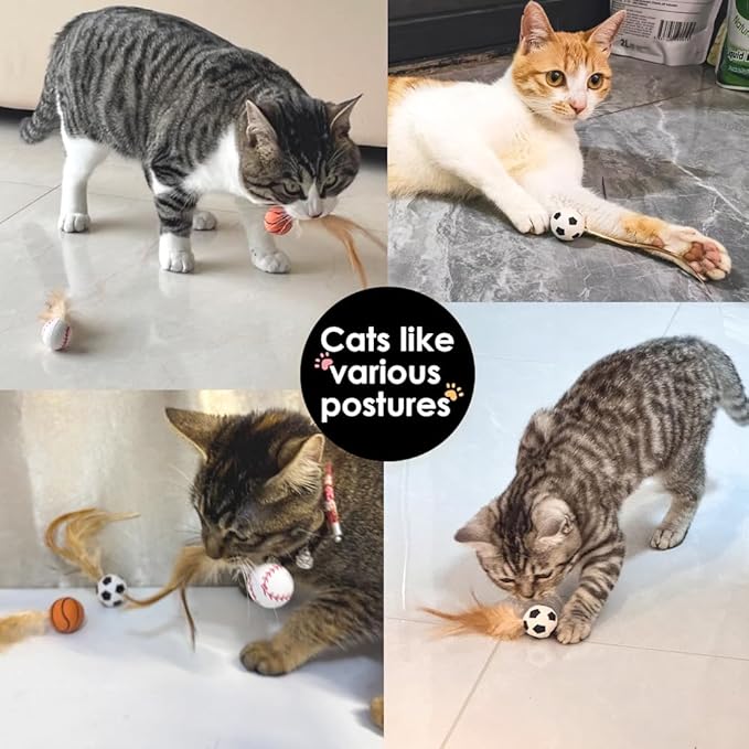 Cat Feather Bouncy Ball Toys, 3 PCS Cat Bulk Bouncy with Feathers, Elastic Bouncy Ball Cats Toys Set for Bored Indoor Adult Kitten Cats