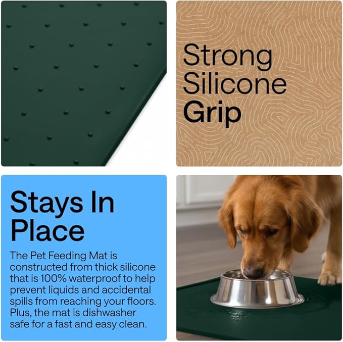 GORILLA GRIP 100% Waterproof Raised Edge BPA Free Silicone Pet Feeding Mat, Dog Cat Food Mats Contain Spills Protects Floors, Placemats for Cats and Dogs Water Bowl, Pets Accessories 28x18 Green