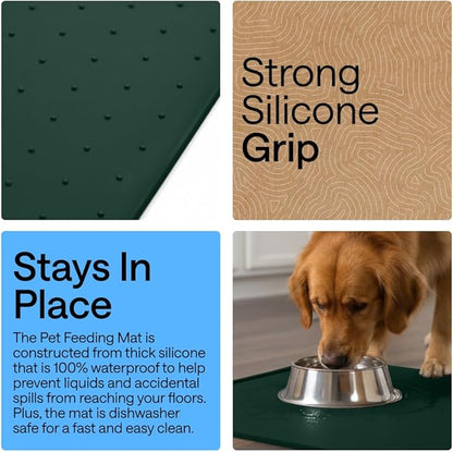 GORILLA GRIP 100% Waterproof Raised Edge BPA Free Silicone Pet Feeding Mat, Dog Cat Food Mats Contain Spills Protects Floors, Placemats for Cats and Dogs Water Bowl, Pets Accessories 28x18 Green