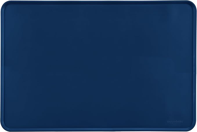 Amazon Basics Waterproof Non-Slip Silicone Pet Feeding Mat with Raised Edges, Prevents Spills, Easy to Clean, Protects Floors for Cat & Dog Food and Water Bowls, 24 x 16 Inches, Blue