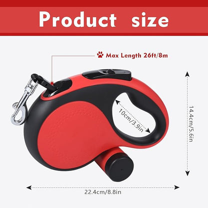 26Ft Retractable Dog Leash with Chew Proof Cable,Heavy Duty Dog Leash with Removable Poop Bags for Medium Large Dogs up to 110lbs,Strong Nylon Tape No Tangle,One-Handed Brake (Red)