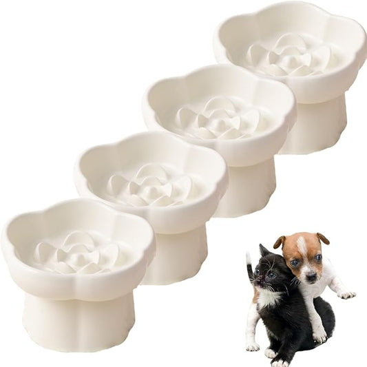 Ceramic Elevated Slow Feeder Cat Bowl,Anti Vomit Design for Whisker Fatigue Relief,Elevated Slow Feeder Bowls for Indoor Cats&Small Breeds,Perfect for Wet Food&Small Dogs (4, White)