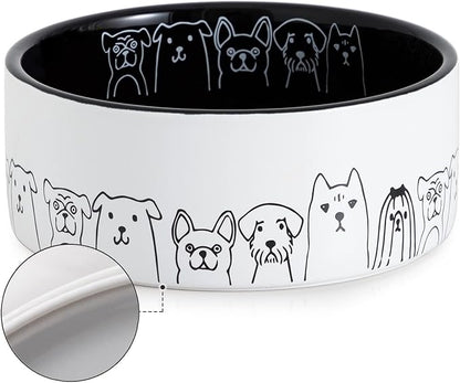 Fun Elements Ceramic Dog Bowls - Large, Non-Slip, 64 Fl Oz, Black with Adorable Dog Patterns (Large, Black)
