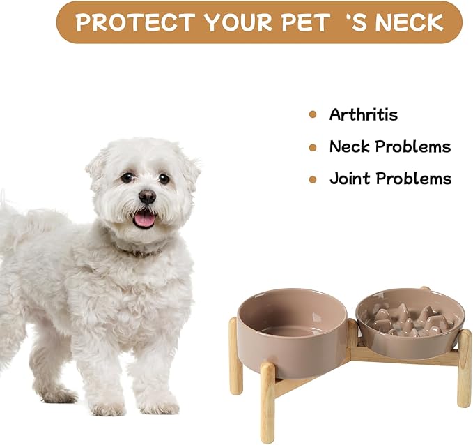 Ceramic 0.9 Cup Raised Slow Feeder Dog Bowl Set, Elevated 6.1inch Slow Dish and 6.1inch Water Bowl with Wooden Stand for Small Dogs (2 x Brown Coffee+ Stand)