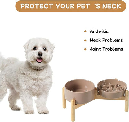 Ceramic 0.9 Cup Raised Slow Feeder Dog Bowl Set, Elevated 6.1inch Slow Dish and 6.1inch Water Bowl with Wooden Stand for Small Dogs (2 x Brown Coffee+ Stand)
