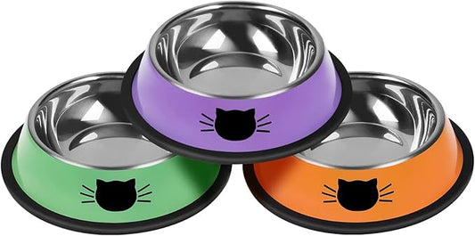 Serentive 3 Pcs Non-Slip Stainless Steel Small Cat Food Bowls - Unbreakable, Thicken 7 Oz Cat Dishes - Indoor, Removable Rubber Base, Easily Clean, Lovely Color