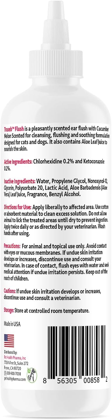 Truseb Maximum Strength Dog Ear Infection Treatment Flush, Cat & Dog Ear Cleaner Solution Medicated with Chlorhexidine & Ketoconazole Helps with Ear Itching Redness Swelling (12 oz)