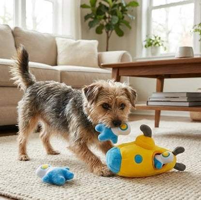 MODERN WAVE - Interactive Squeaky Plush Hide and Seek Squirrel Type Puzzle Toy for Dogs, Medium Size (Submarine and Divers)