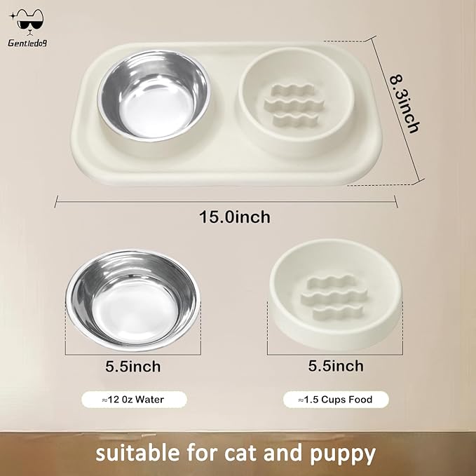 Waterproof Silicone Cat Food Bowls, Stainless Steel & Silicone Slow Feeder Double Bowls, Non-Skid & Non-Spill Raised Edge, Food and Water Feeder for Cat and Puppy