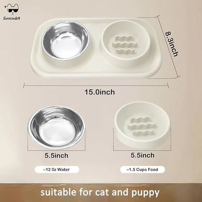 Waterproof Silicone Cat Food Bowls, Stainless Steel & Silicone Slow Feeder Double Bowls, Non-Skid & Non-Spill Raised Edge, Food and Water Feeder for Cat and Puppy
