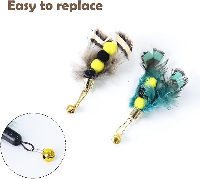 Cat Insect Feather Toys Replacement Cat Toy Wand Refills, 6 Pieces Natural Insect Cat Toy Feathers Refill, Interactive Cat Teaser Wand Attachments, with Bell
