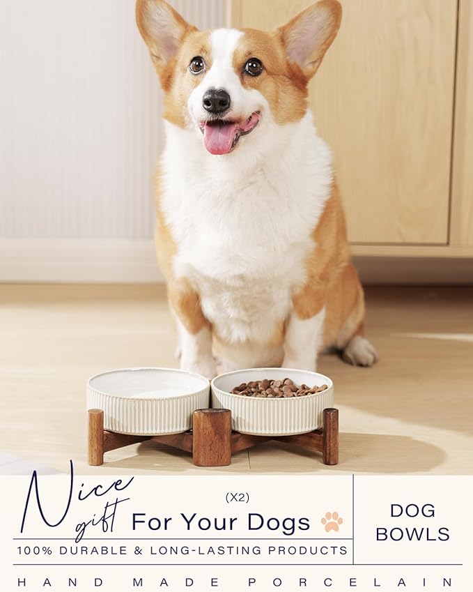 Getstar Elevated Ceramic Dog Cat Bowl Set - 1.8-Cup Raised Feeding Bowls with Non-Slip Wood Stand - Small Pet Dishes for Food and Water - Ideal for Cats and Puppies