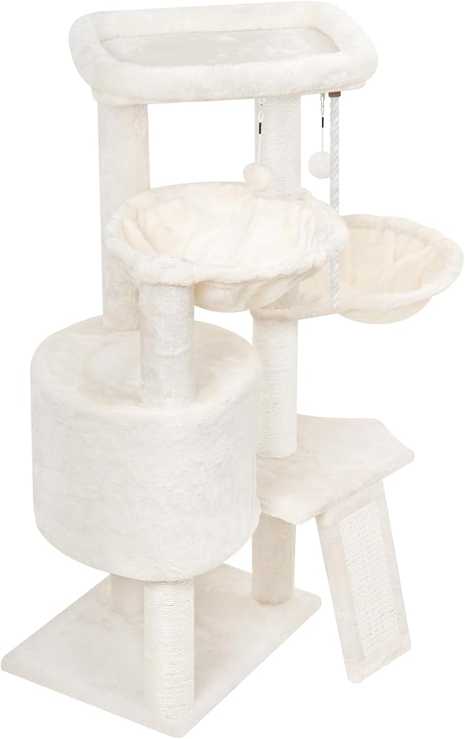 Wang Xin Three Layer Cat Tree with Cat Condo Scratch Pad and Two Hammocks,Beige