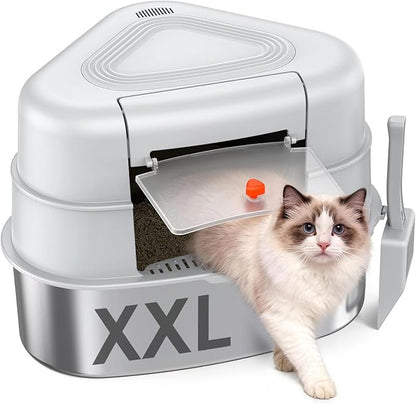 XXL Stainless Steel Corner Cat Litter Box with Lid - Sturdy, No Odor & Space-Saving Hidden Design for Large Cats, Grey