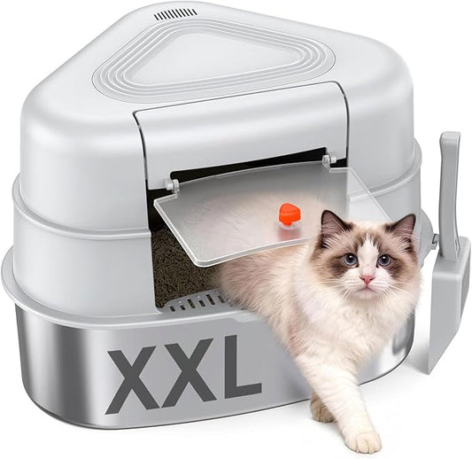 XXL Stainless Steel Corner Cat Litter Box with Lid - Sturdy, No Odor & Space-Saving Hidden Design for Large Cats, Grey