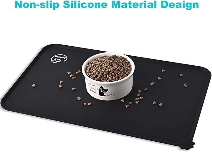 Silicone Waterproof Dog Cat Pet Feeding Mats, Non Slip, Easy Clean Pet Dog Cat Bowl Mats Placemat (18.5" x 11.5") Black
