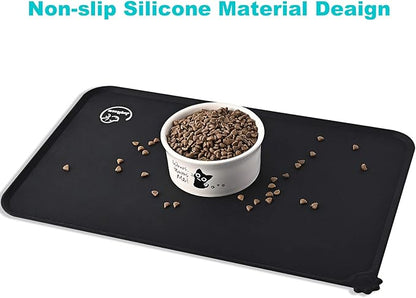 Silicone Waterproof Dog Cat Pet Feeding Mats, Non Slip, Easy Clean Pet Dog Cat Bowl Mats Placemat (18.5" x 11.5") Black