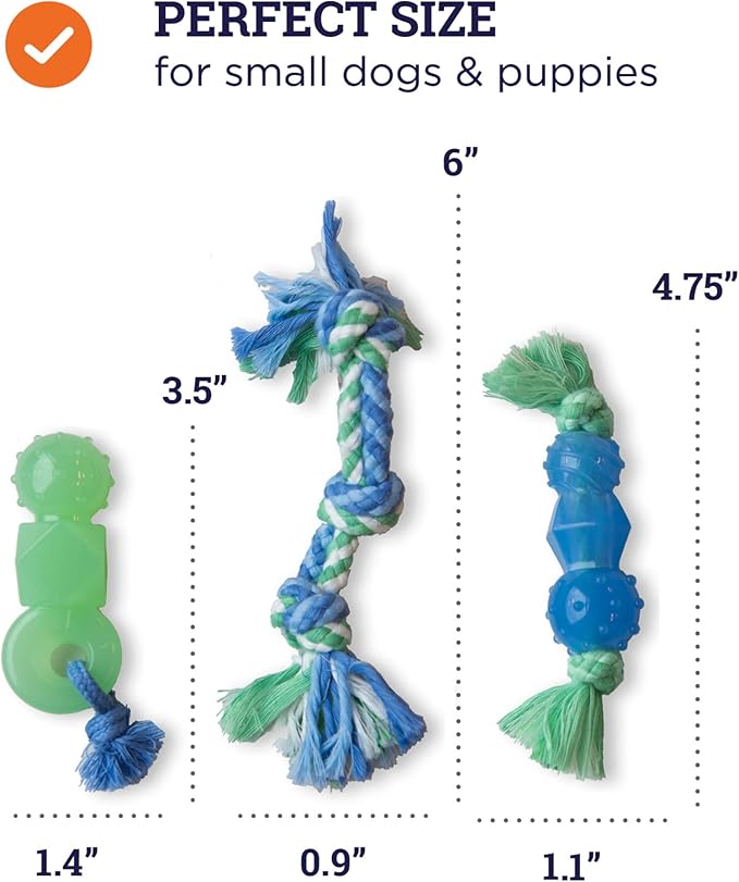 Mini Dentachew Pack Dental Chew Toy, Multi-Textured, Fetch & Tug Rope, Puppies & Small Dogs, 7", 3-Pack