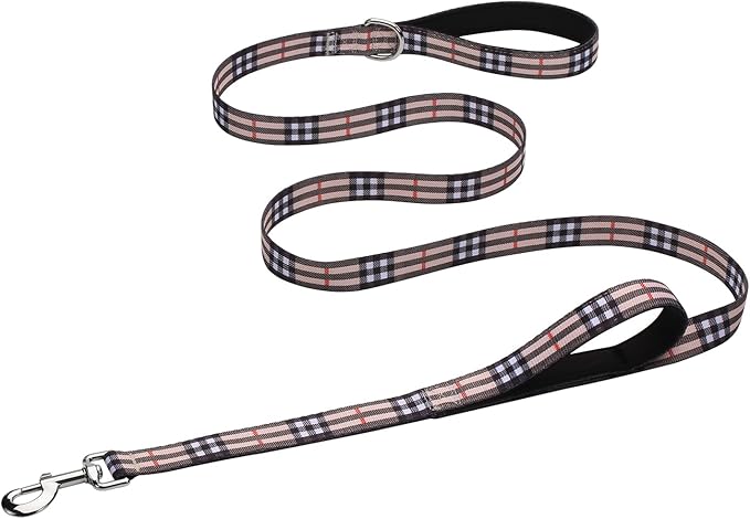 Hikiko 4 Foot Cute Girl Double Handle Dog Leash Padded Traffic Handles for Walking Training (Beige Plaid, 4ft)