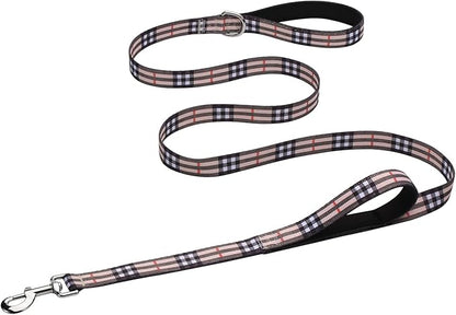 Hikiko 4 Foot Cute Girl Double Handle Dog Leash Padded Traffic Handles for Walking Training (Beige Plaid, 4ft)