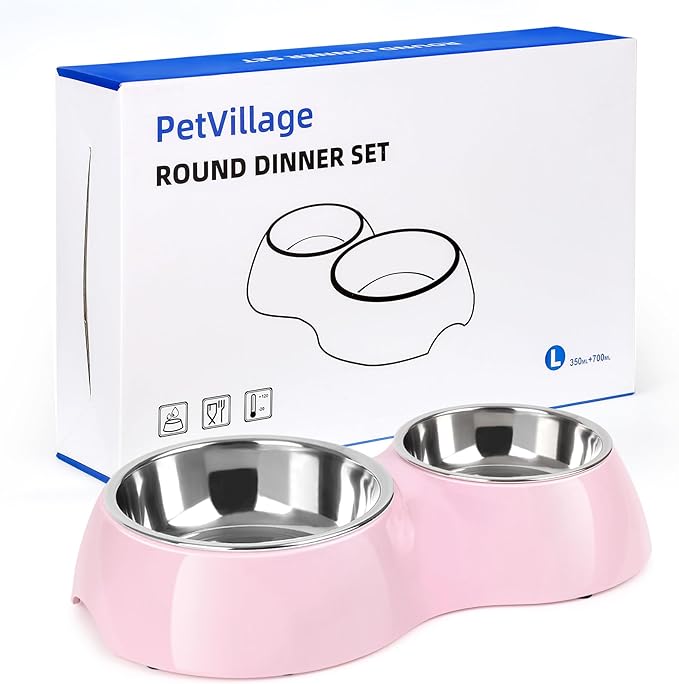 Elevated Dog Bowls Set - Non-Slip Raised Pet Feeder with Medium (10 oz) & Large (20 oz) Stainless Steel Bowls - Includes Durable Resin Stand for Corgi Puppies and Adult Cats - Pink