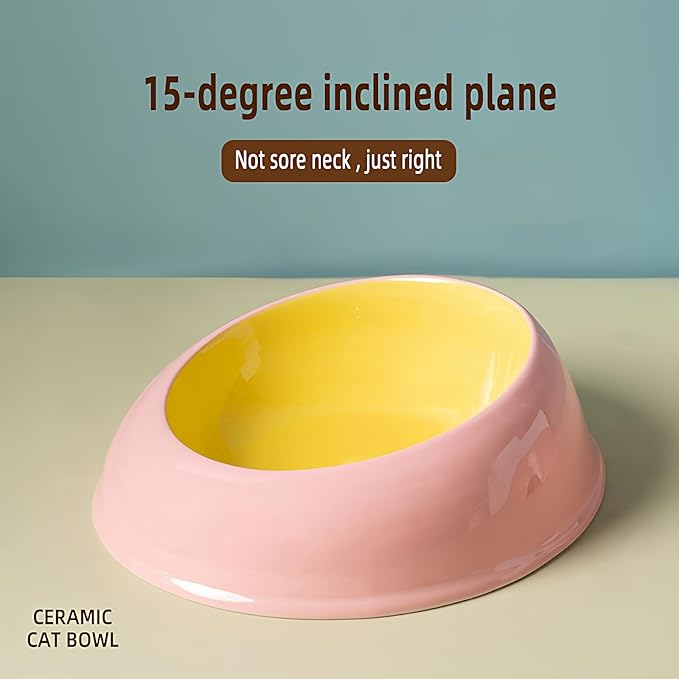 15° Inclined Cat Bowl Optimal Neck Support, Effortless Eating 6.89-Inch Wide and 2.05-Inch Tall Saucer with 7.04-Ounce Capacity Pet Bowl for Cats and Small Dogs（Pink Yellow）